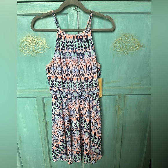 Takara Women's Sundress Spaghetti Strap Elastic Waist Navy Aqua Peach Small NWT - Picture 1 of 9